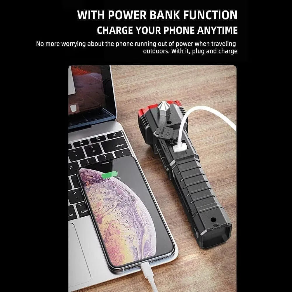Portable Rechargeable Torch LED Flashlight Long Distance Beam Range with Power Bank, Hammer and Strong Magnets,Car Rescue Torch with Hammer Window Glass