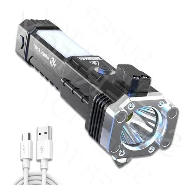 Portable Rechargeable Torch LED Flashlight Long Distance Beam Range with Power Bank, Hammer and Strong Magnets,Car Rescue Torch with Hammer Window Glass