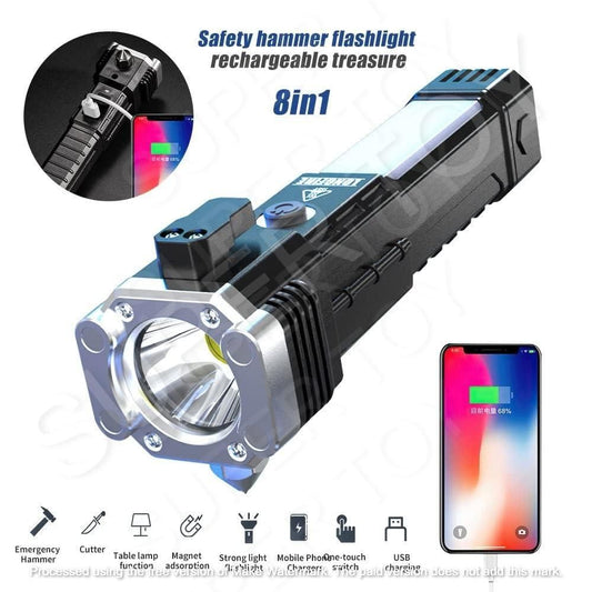 Portable Rechargeable Torch LED Flashlight Long Distance Beam Range with Power Bank, Hammer and Strong Magnets,Car Rescue Torch with Hammer Window Glass